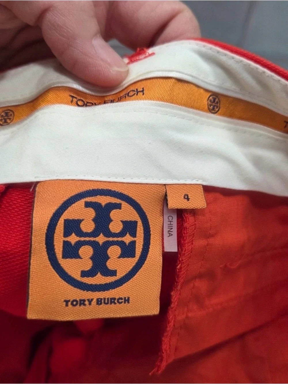 Tory Burch Orange/Red Bright Cotton Shorts‎ Gold Logo Button Size 4